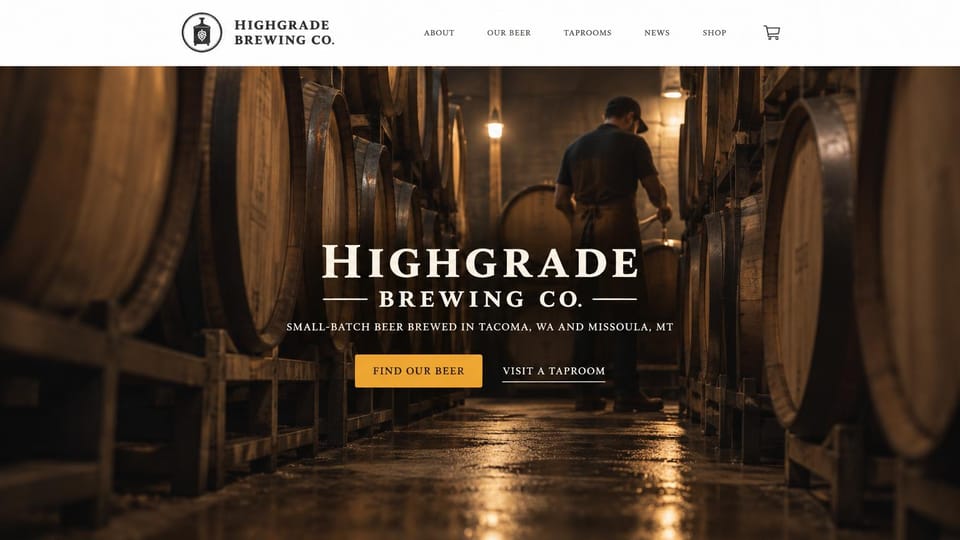 Winery and brewery website design, craft brewery with a centered name in the barrel room: white header with a round brewhouse logo, an amber photo of a brewer walking between rows of wooden barrels, a large white serif name and a gold button