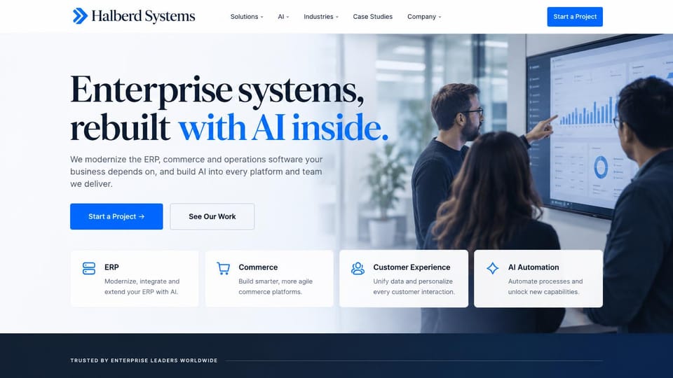 AI startup website design, enterprise AI consultancy with a team at a screen: white and pale blue page, navy serif headline with blue words, four service cards and a team pointing at a wall screen