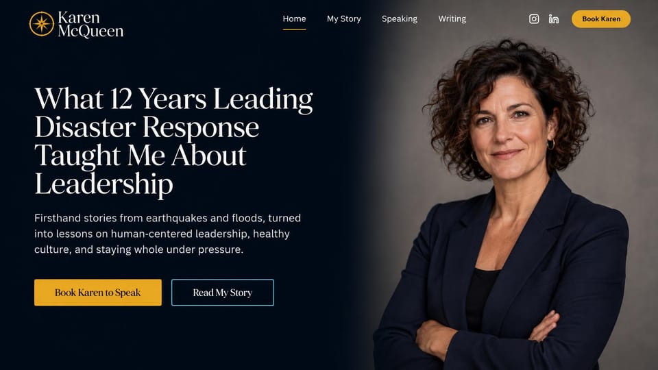 Speaker website design, speaker with a first-hand crisis leadership story: navy page, white serif headline, a woman with curly hair and crossed arms in a dark blazer, gold button and an outlined one