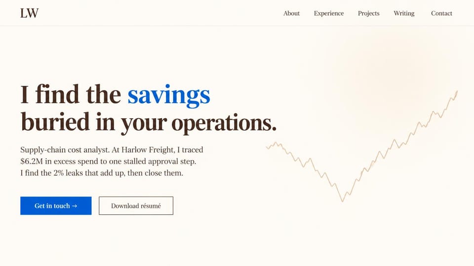Resume website design, supply chain analyst with a cost-savings chart: ivory page with a peach glow, a brown serif headline with one word in blue, a blue get in touch button, an outlined résumé button and a faint tan line chart