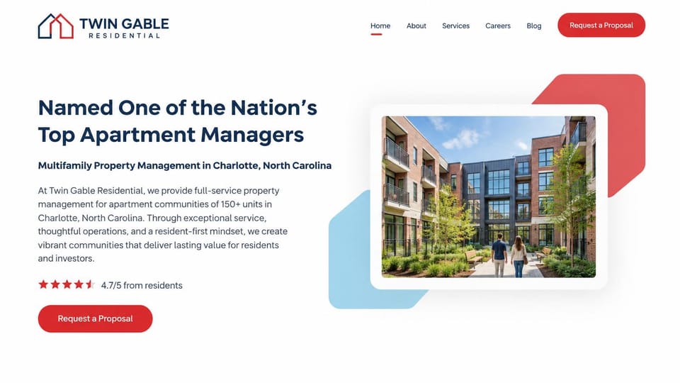 Property management website design, large apartment communities with an award headline: white page, a navy headline, a red proposal button and an apartment courtyard photo set on red and light blue shapes