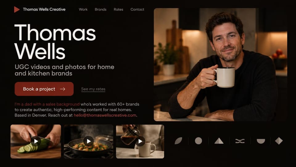 UGC portfolio website design, home and kitchen UGC, dark and warm: near-black page, large white name, rust button, a man holding a mug in a dim kitchen, three video thumbnails and gray symbols