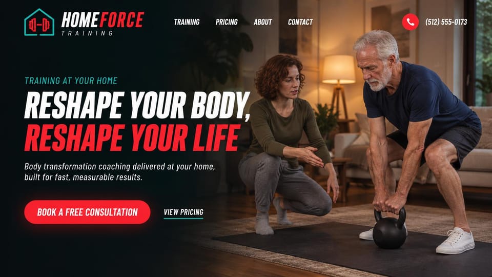 Personal trainer website design, in-home body transformation in bold italic type: near-black page, a bold italic white and red headline, a red consultation button and a pricing link, a trainer guiding an older man's kettlebell deadlift in a living room at night