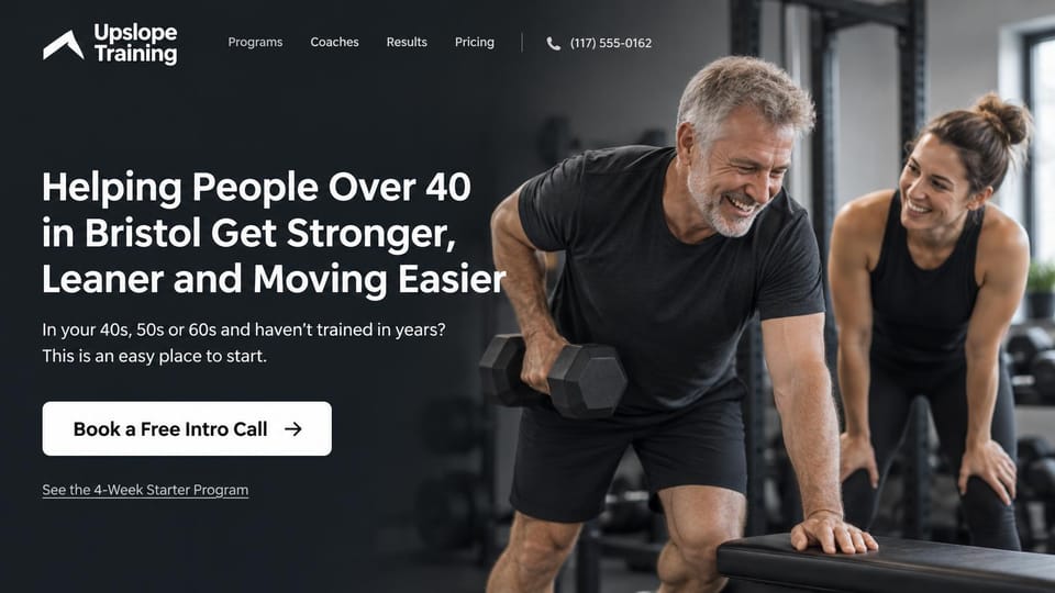 Personal trainer website design, over 40s training with a starter program link: charcoal page fading into a gym photo of a laughing gray-haired man doing a dumbbell row as a coach smiles, a large white headline, a white intro call button, a phone number in the menu
