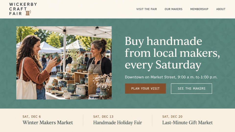 Event website design, weekly craft fair with upcoming market dates: cream header, a teal panel with a large white serif headline, rust and outlined buttons, a photo of a shopper holding a glazed mug at a pottery stall, and three market dates below