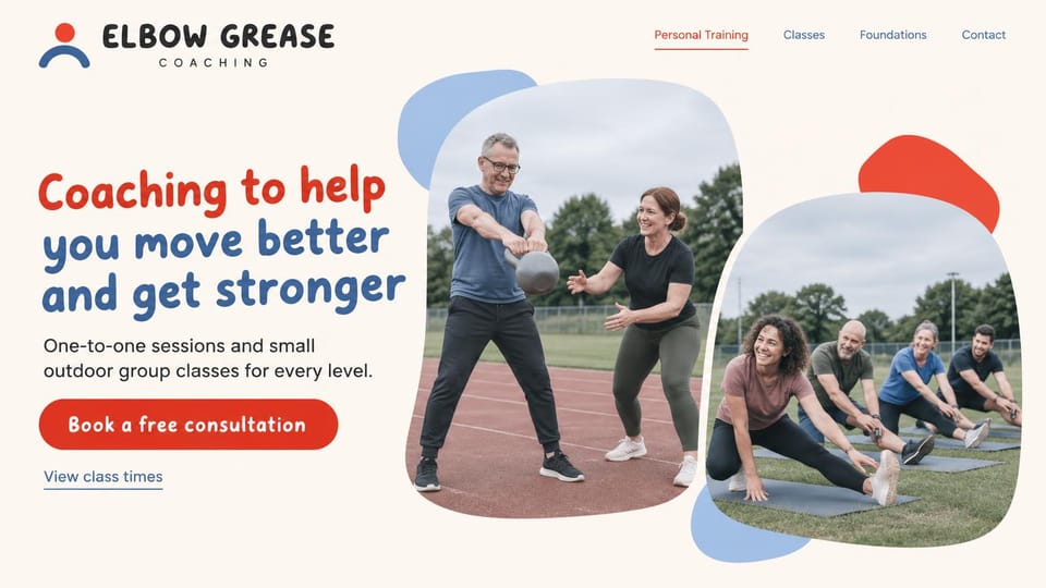 Personal trainer website design, outdoor group classes in playful red and blue: off-white page, a rounded red and blue headline, a red consultation button, blob-shaped photos of a man swinging a kettlebell on a running track and a group stretching on mats in a field