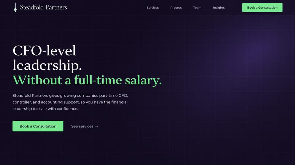 Accounting website design, fractional CFO with a bold headline on deep purple: near-black purple page with faint grid lines, a white and mint serif headline and mint consultation buttons