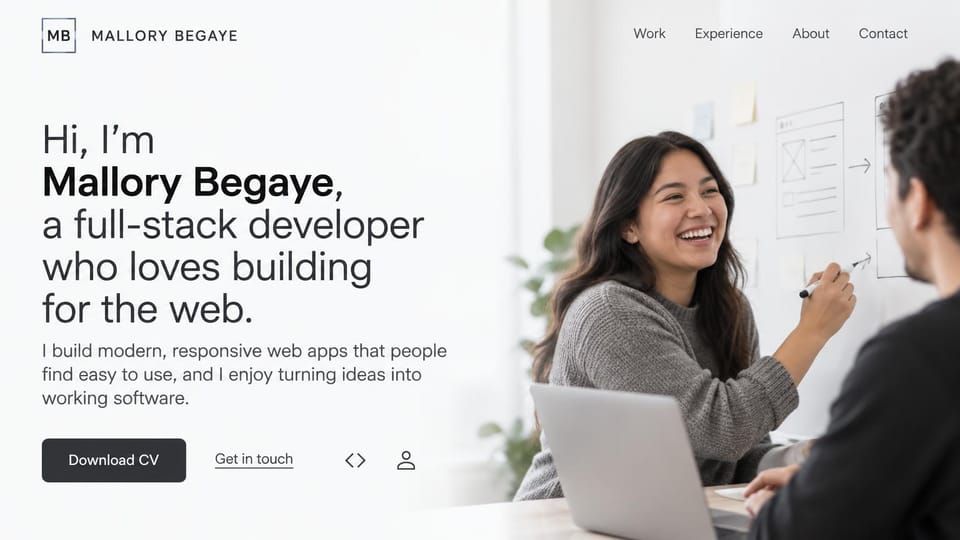 Resume website design, full-stack developer with a whiteboard photo: white page, a large black and gray hello, a black download CV button and a photo of a smiling woman sketching wireframes on a whiteboard with a colleague