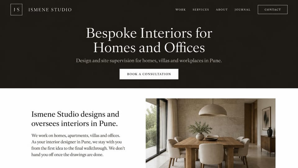 Interior design website design, homes and offices with a charcoal title band: charcoal band with a centered white serif headline and white button, above a white section with a serif introduction and a stone and oak dining room
