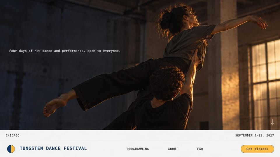 Event website design, contemporary dance festival with the menu at the bottom: dark warm photo of two dancers mid-lift in an industrial studio, small typewriter caption, pale bar with a navy name, menu and gold ticket button along the bottom