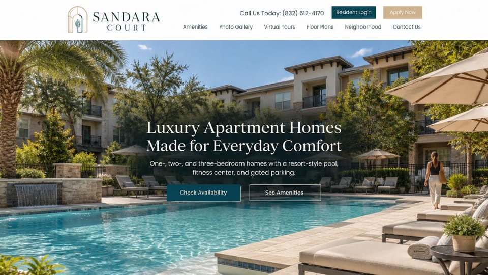 Apartment website design, garden-style community with a resort pool: white header with a phone number, resident login and apply buttons, a sunny resort pool between three-story buildings, centered white serif headline
