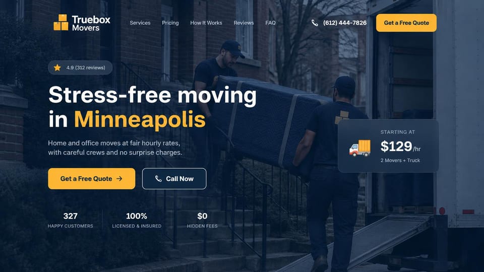 Moving company website design, hourly-rate movers with a price card: dark navy overlay on a photo of movers carrying furniture up a truck ramp, a white and yellow headline, yellow and outlined buttons, a floating price card