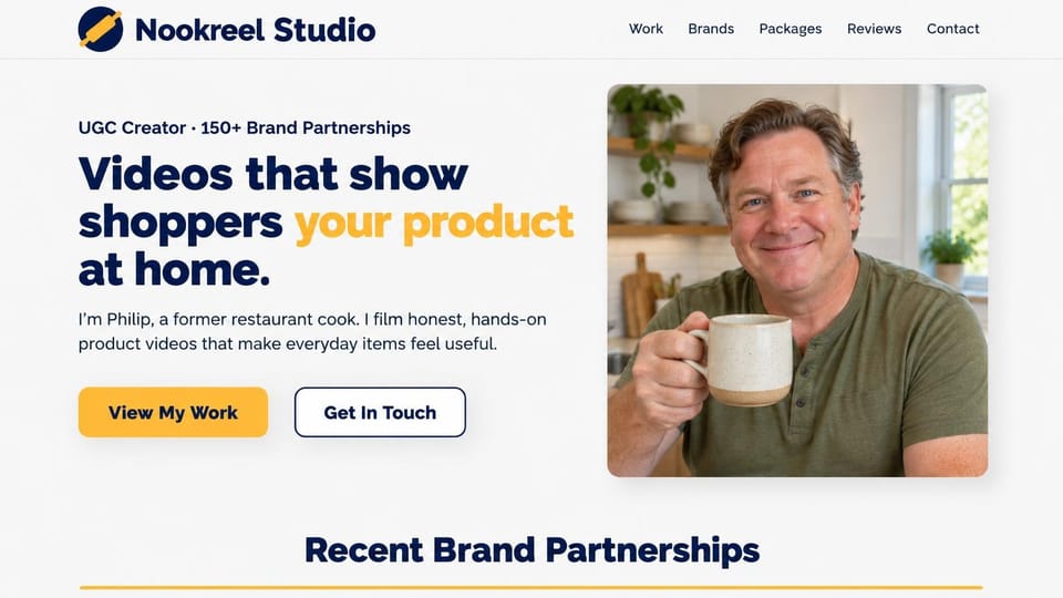 UGC portfolio website design, hands-on product videos in navy and yellow: light gray page, bold navy headline with a yellow highlight, yellow button, a smiling older man holding a speckled mug