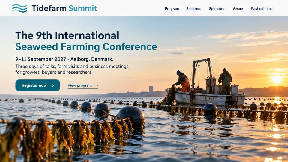 Event website design, industry conference with a working photo: white header, sunrise photo of workers hauling seaweed lines onto a boat, navy and teal headline, teal register button