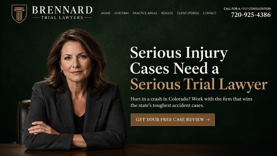 Law firm website design, personal injury with a trial lawyer portrait: forest green and gold, an attorney portrait beside a serif headline and a free case review button