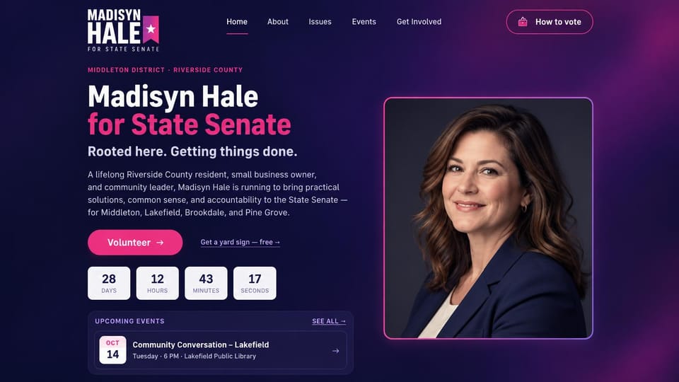 Political campaign website design, state senate with an election countdown: dark purple and pink gradient, a white and pink headline, a countdown in white tiles and an event card beside a framed portrait