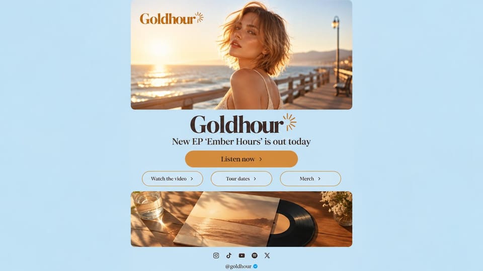 Musician website design, link page for a new EP: pale blue page, a seaside portrait at sunset, a gold listen button and a vinyl photo below