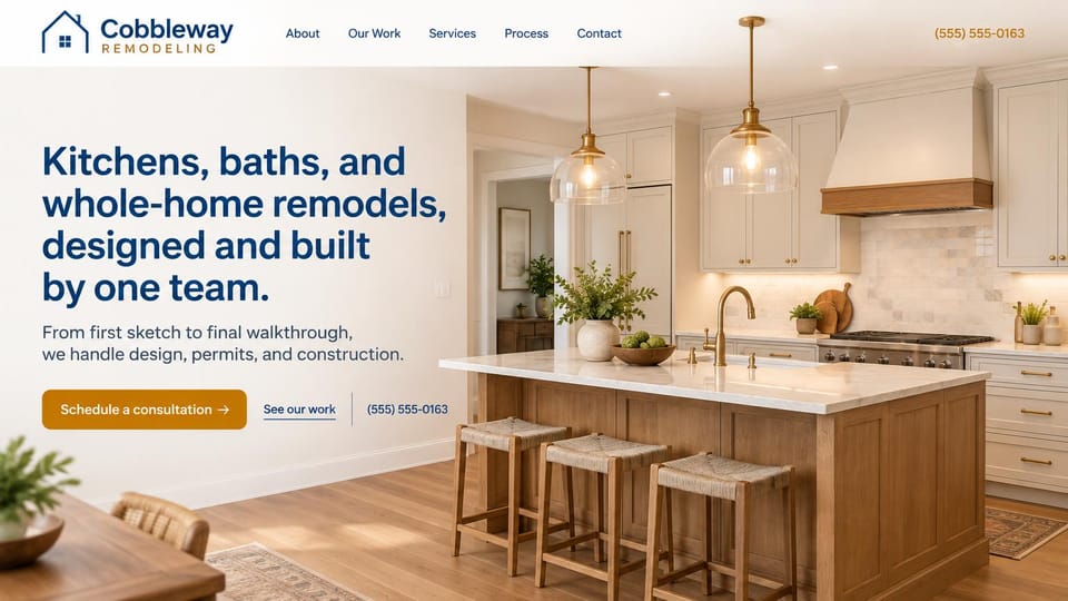 Remodeling website design, one-team remodeler with a bold navy headline: light page, a bold navy sans headline, an amber consultation button and a bright kitchen with glass pendants and a wood island