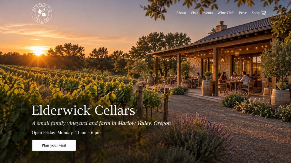 Winery and brewery website design, family vineyard at sunset with opening hours up front: sunset photo of vineyard rows beside a stone tasting room with a lit porch, a round white logo, a large white serif name and a white button