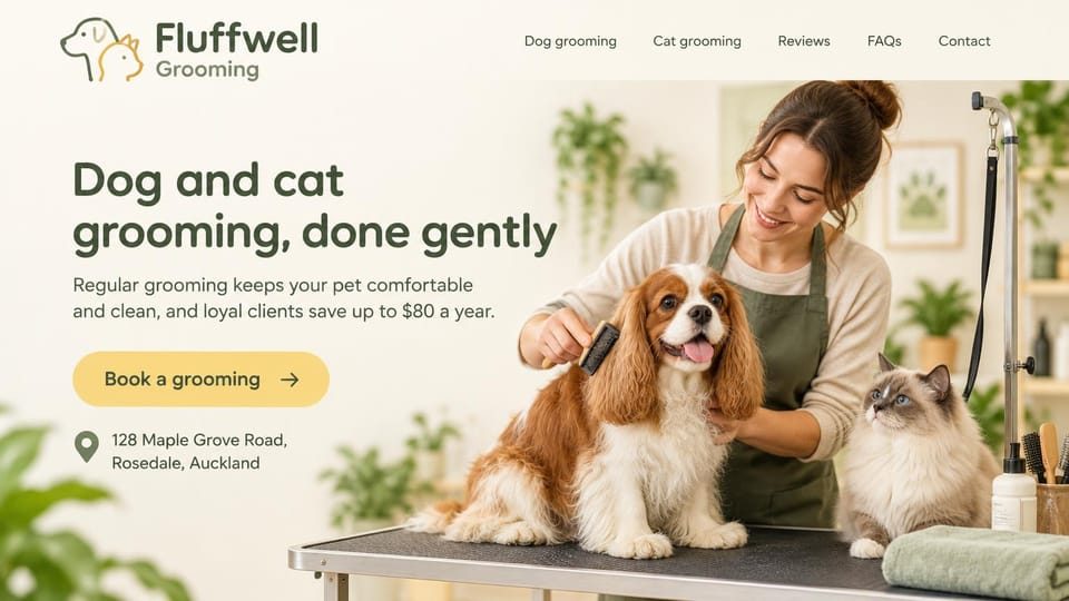 Pet business website design, dog and cat grooming with the address up front: cream page, a green headline and yellow book button, a groomer brushing a spaniel on a table with a cat beside them, an address with a map pin