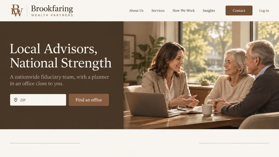 Financial advisor website design, national firm with a local office finder: cream header, a dark brown panel with a cream serif headline, a ZIP field and a brown find an office button beside a photo of a woman advisor with an older couple