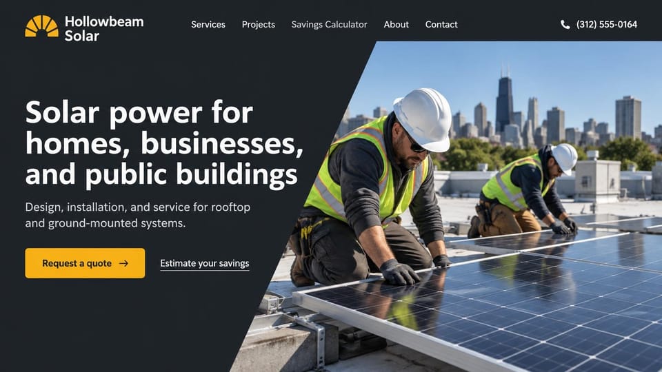 Solar website design, solar for homes, businesses and public buildings: charcoal page, a white headline and yellow quote button on the left, workers in white hard hats and hi-vis vests on a flat roof with a city skyline
