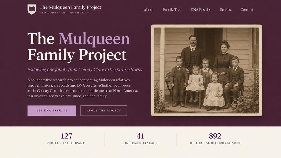 Genealogy website design, surname project with DNA results up front: deep plum page, white and lilac serif headline, lilac DNA and outlined buttons, a sepia family photo on a porch, a cream stats strip