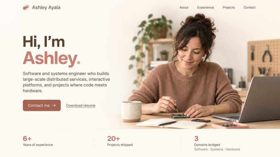 Resume website design, systems engineer with a workbench photo: cream page, a large brown and terracotta hello, a terracotta contact button, a woman working on a circuit board beside a laptop and three stats below