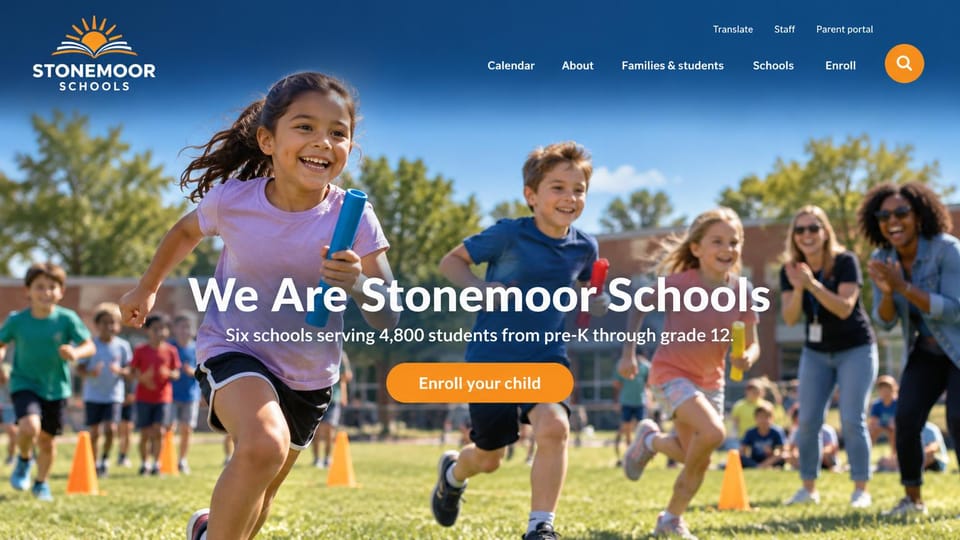 School website design, school district with field day across the screen: full-width photo of children racing on a sunny field, a centered white headline, an orange enroll button and a sun logo