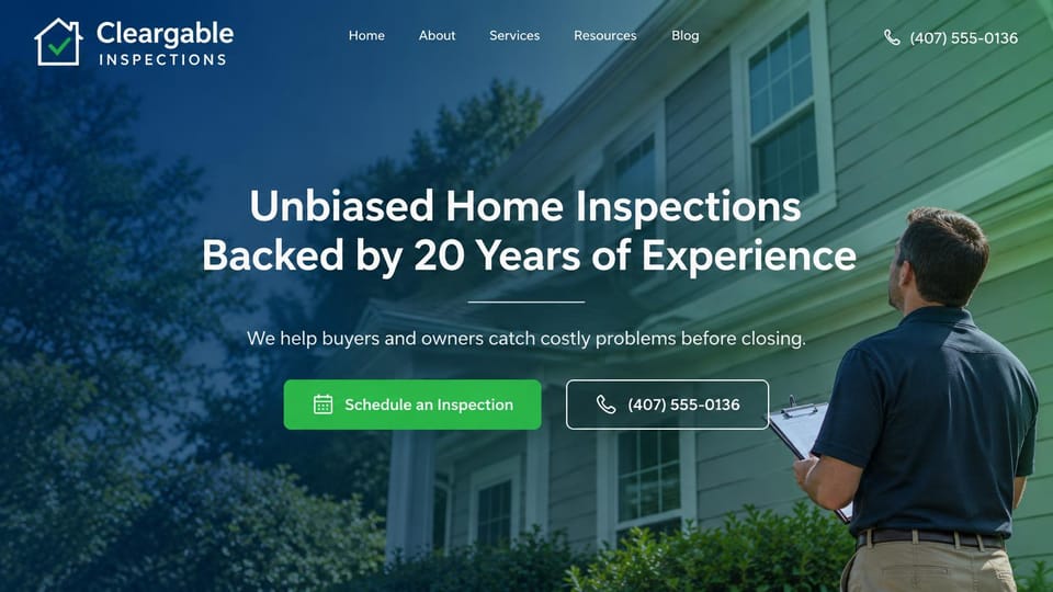 Home inspector website design, unbiased inspections in blue and green: blue to green gradient over a house, white centered headline, a green schedule button and an outlined phone button, an inspector with a clipboard seen from behind