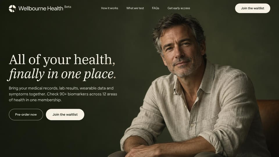 SaaS website design, health membership with a portrait hero: warm dark portrait of a smiling older man, cream italic serif headline and two pill buttons