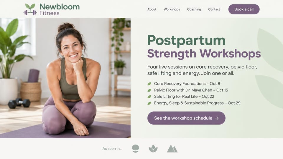 Personal trainer website design, postpartum strength workshops with dated sessions: white and sage page, a green and purple headline, a list of four dated workshops, a purple schedule button, a smiling woman kneeling on a mat at home