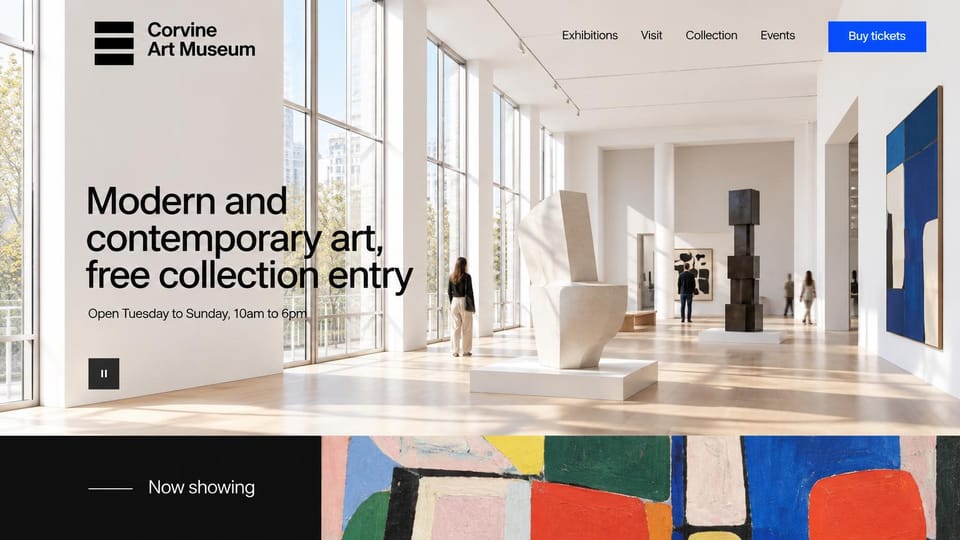 Art gallery website design, modern art museum, bright and airy: white and black, a sunlit gallery with stone sculptures and a blue painting, a black band and a colorful canvas below