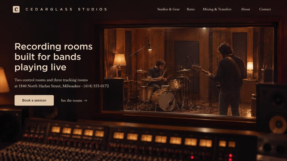 Recording studio website design, live tracking rooms seen through the console glass: dark brown control room photo looking through the glass at a drummer and guitarist, a white headline, a cream session button over the console