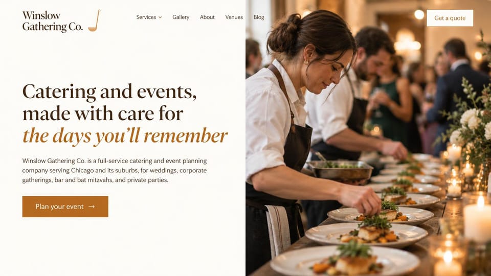 Catering website design, catering and event planning in one: cream left half with a dark serif headline ending in copper italics, chefs plating a long row of dishes on the right