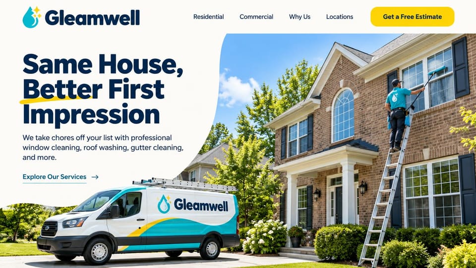 Cleaning service website design, exterior cleaning with the crew and van on site: off-white page, a bold navy headline with a yellow underline, a window cleaner on a ladder at a brick house and a teal and white van