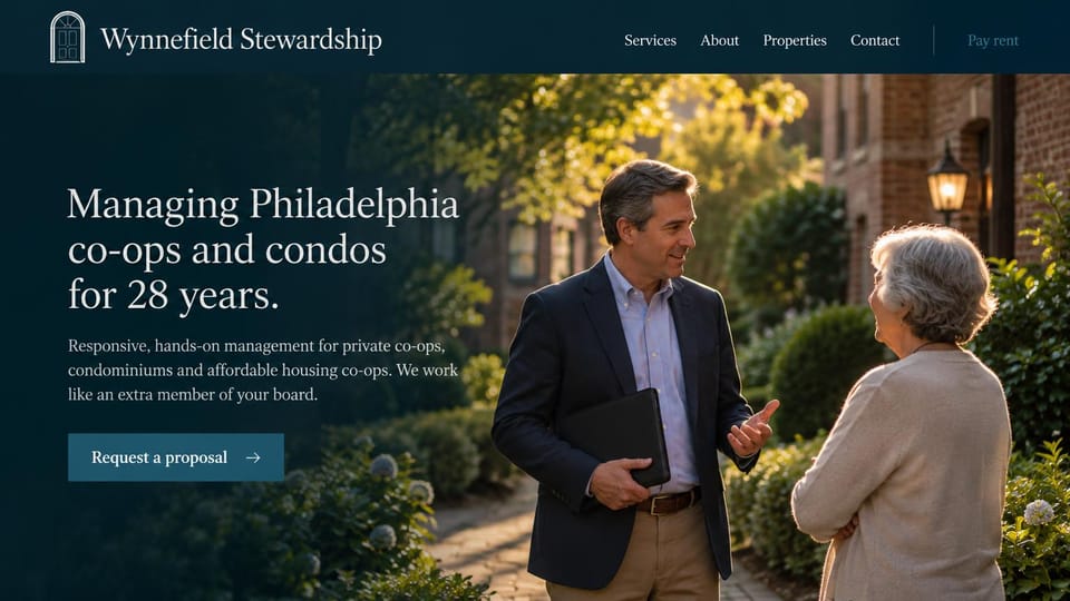 Property management website design, co-op and condo management for boards, in navy: dark navy page, an arched door logo, a white serif headline, a blue proposal button and a manager talking with an older resident on a garden path