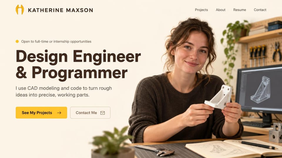 Engineering portfolio website design, design engineer who also writes code: warm cream page, a bold dark brown headline, a yellow button and a smiling woman holding a white printed bracket before a CAD screen