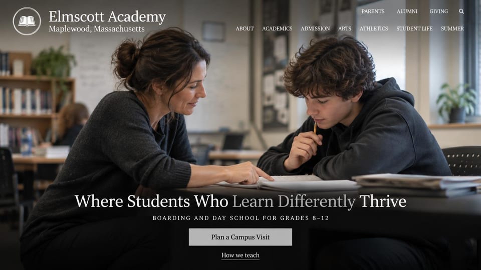 School website design, boarding school for learning differences: dark photo of a teacher and a teen working at a table, a centered cream serif headline, a gray visit button