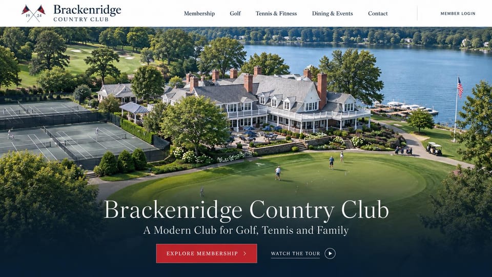 Sports team website design, golf and tennis club from the air: aerial photo of a white clubhouse by a lake with tennis courts and a putting green, a white serif club name, a red membership button