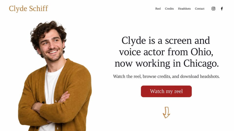 Actor website design, screen and voice actor with a cutout portrait: white page, a cutout of a smiling curly-haired man in an ochre cardigan, a centered serif bio, a red reel button and a hand-drawn arrow