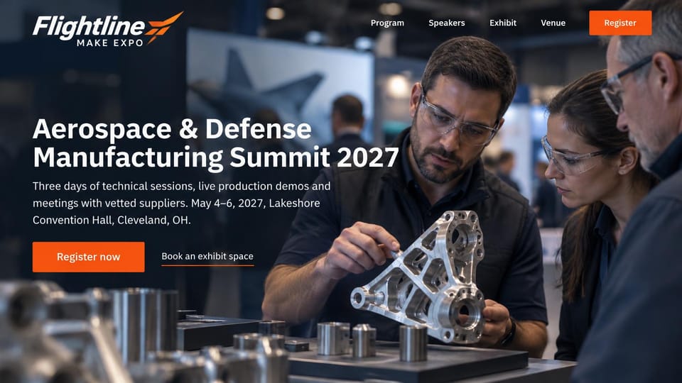 Event website design, aerospace manufacturing expo with a machined part up close: dark expo photo of engineers in safety glasses examining a machined metal bracket, white headline, orange register button, white italic logo with an orange wing