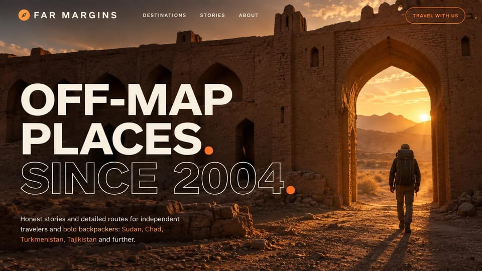 Blog website design, adventure travel, dark and cinematic: a backpacker walking through an ancient stone arch at sunset and a huge cream and outlined headline