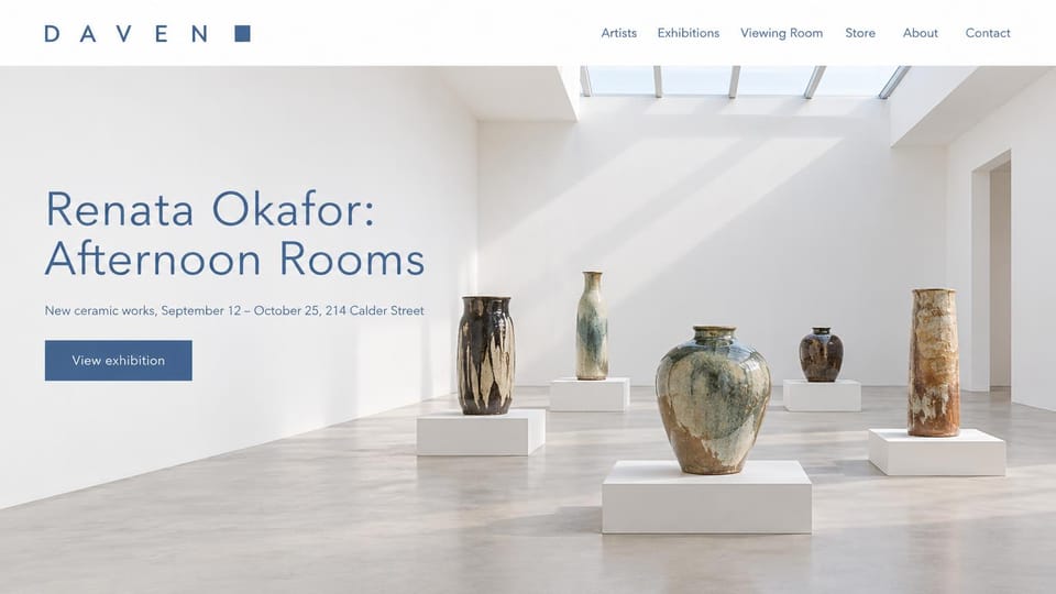 Art gallery website design, ceramics show in a skylit white room: white page, a spaced blue capital wordmark with a square, glazed stoneware vessels on white plinths under a skylight, a blue headline and button on the left