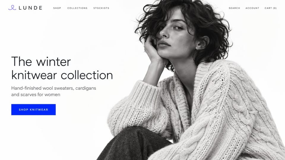 Fashion website design, winter knitwear in black and white with one bright button: white page with a lilac loop logo, a black-and-white photo of a curly-haired woman in a chunky cable cardigan, a black headline and a vivid blue button