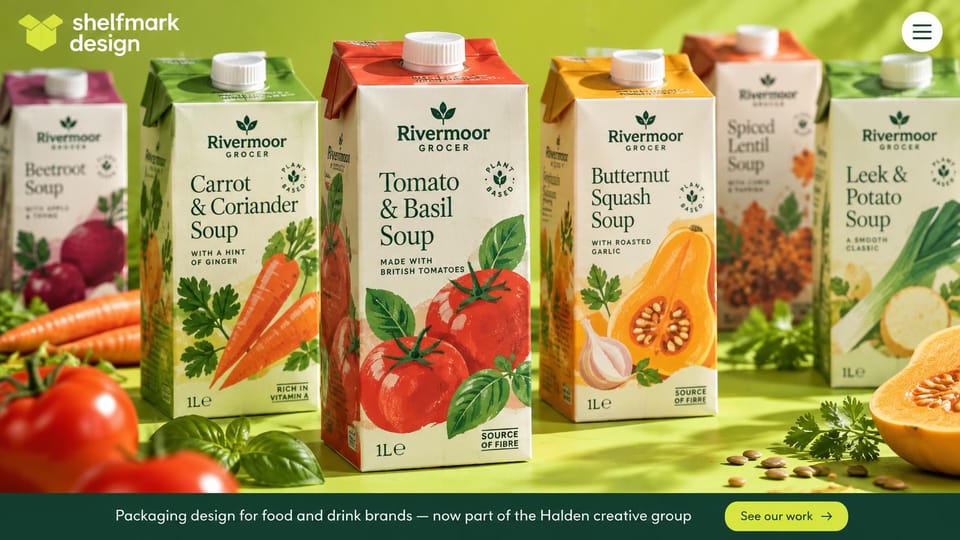 Agency website design, food packaging in bright green: bright green, a row of illustrated soup cartons with vegetables and a lime button in a dark bar
