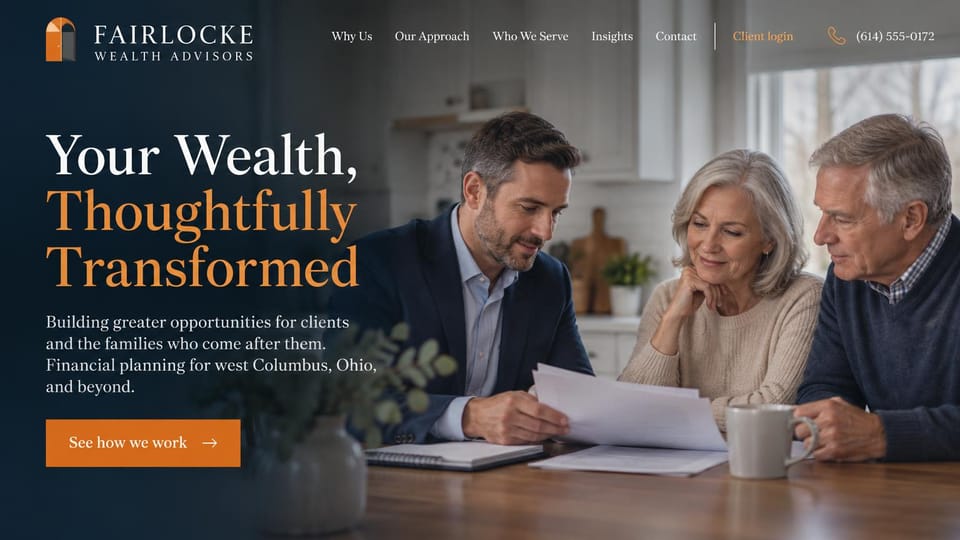 Financial advisor website design, wealth planning with a two-tone serif headline: dark photo of an advisor with an older couple at a kitchen table, large white and orange serif headline and an orange button