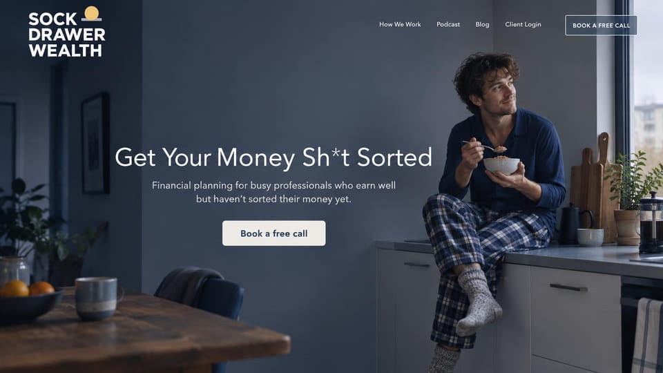 Financial advisor website design, financial planning for busy professionals, cheeky and casual: dark blue-gray photo of a man in pajamas eating breakfast on a kitchen counter, bold white stacked wordmark, centered white headline, white call button