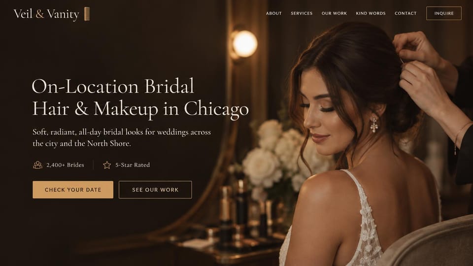 Salon website design, on-location bridal hair and makeup: warm brown and gold, a bride having her hair pinned, serif headline and a gold date button