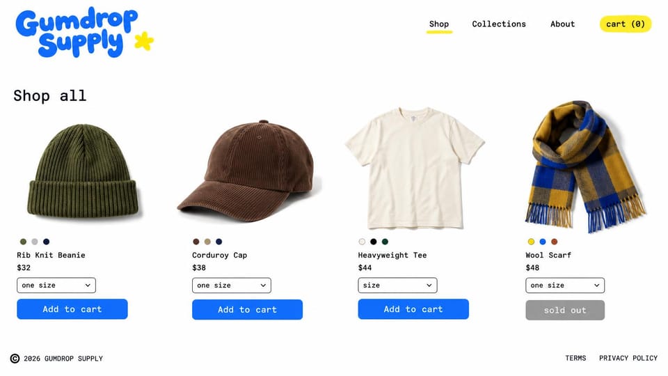 Fashion website design, hats and basics in a playful four-product grid: white page with a bubbly blue logo and a yellow star, monospace type and four products, a beanie, a corduroy cap, a cream tee and a plaid scarf, with bright blue buttons